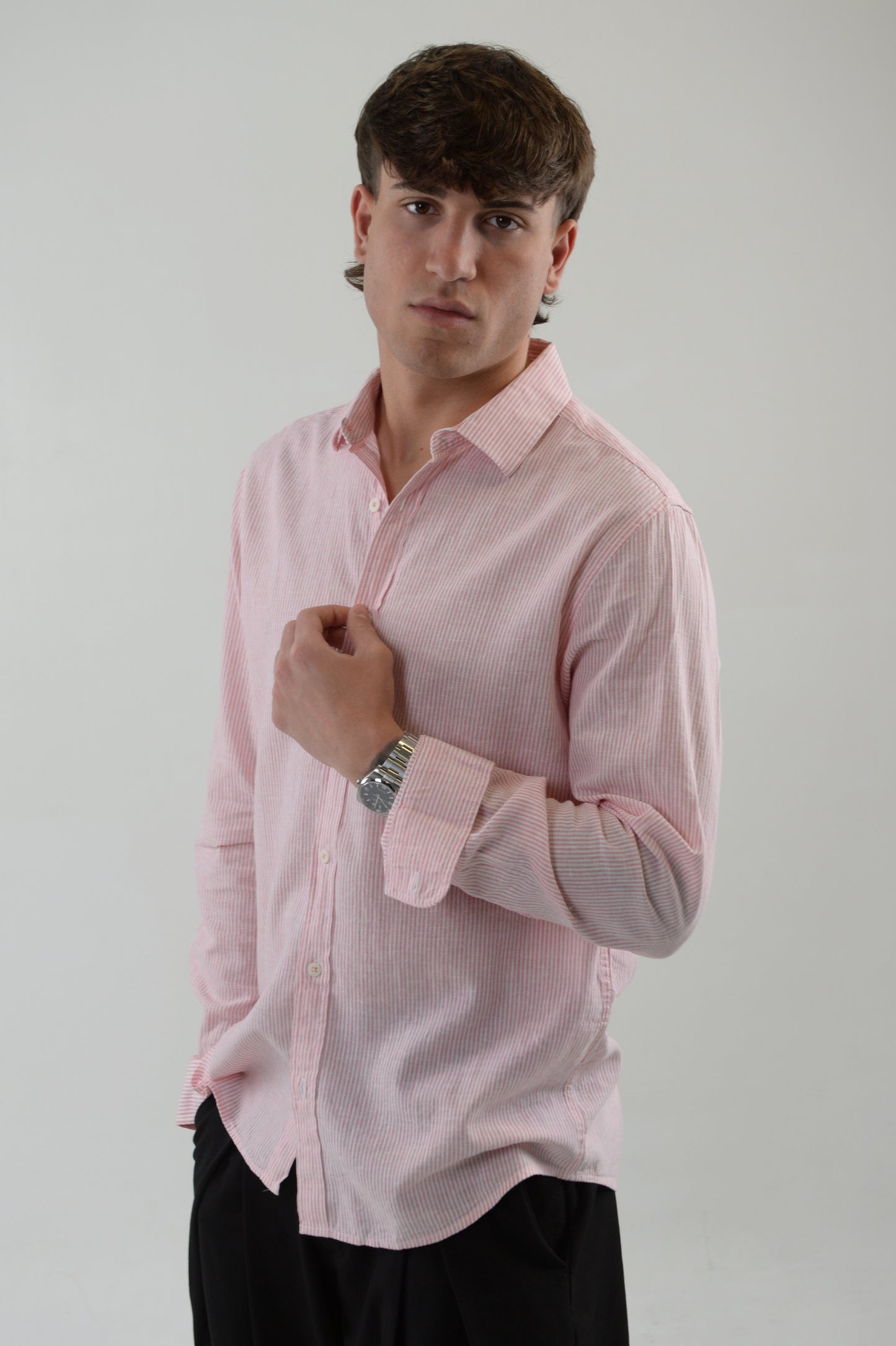 CAMICIA ROSA MISTO LINO MILLE RIGHE