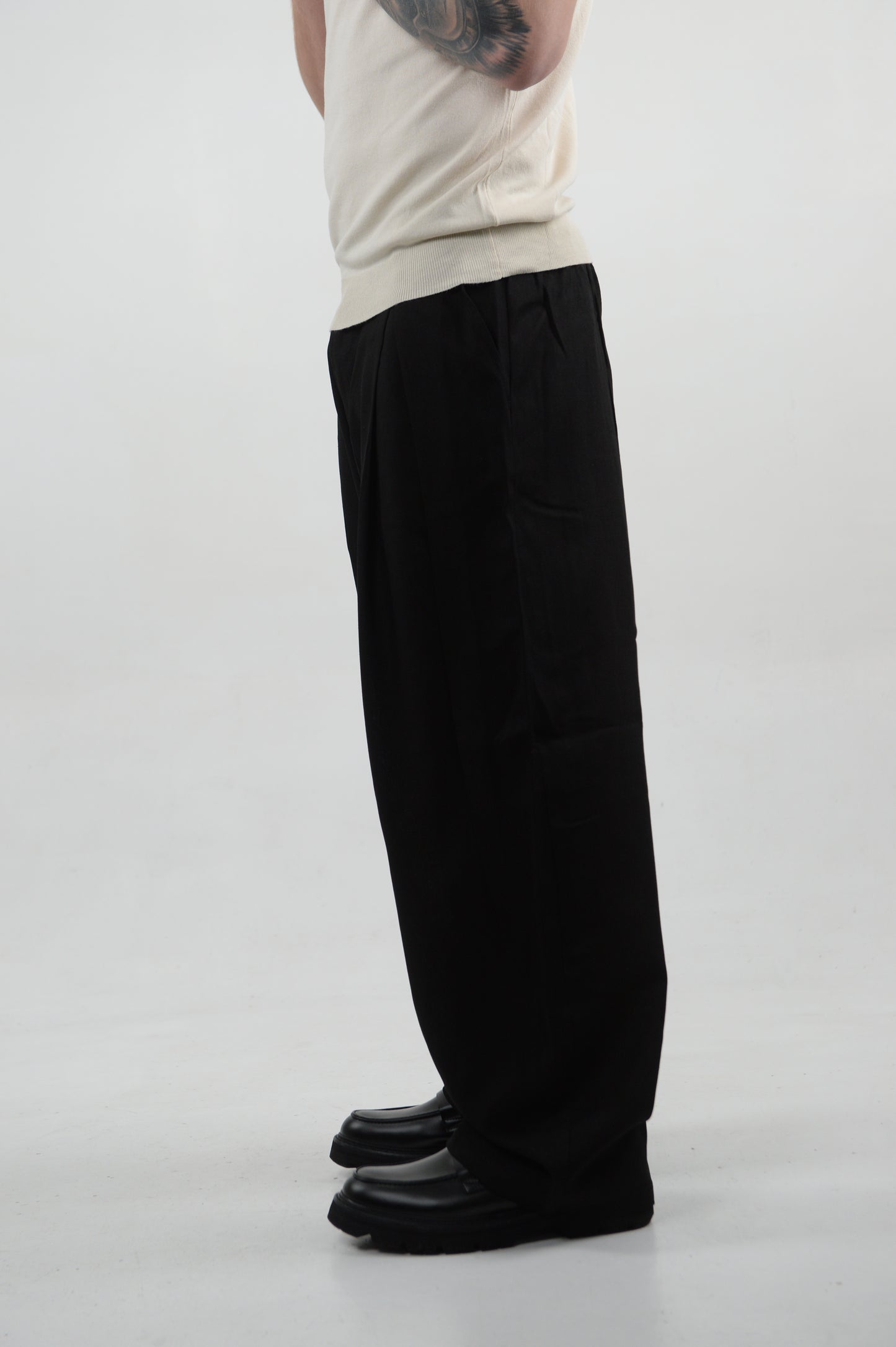 PANTALONE MISTO LINO CON PENCE BLACK