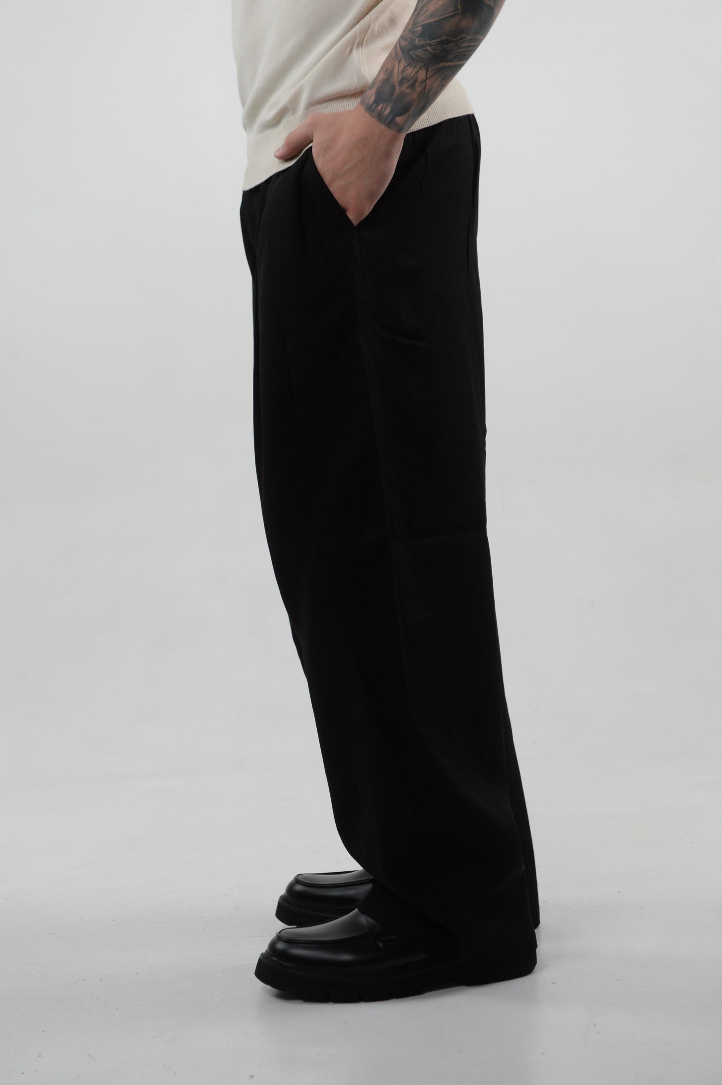 PANTALONE MISTO LINO CON PENCE BLACK
